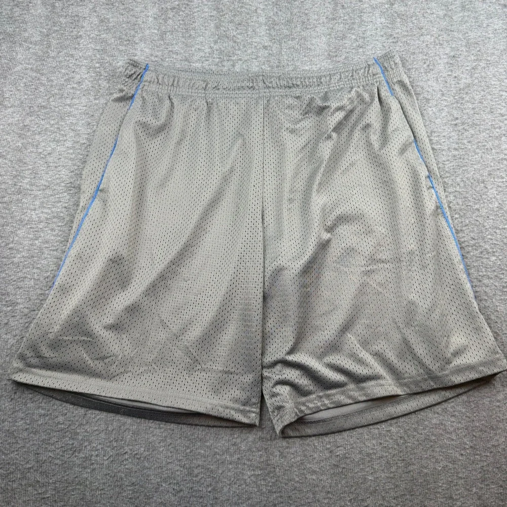 Reebok Mesh Athletic Shorts Men's L Grey Blue Piping Drawstring Gym Workout‎